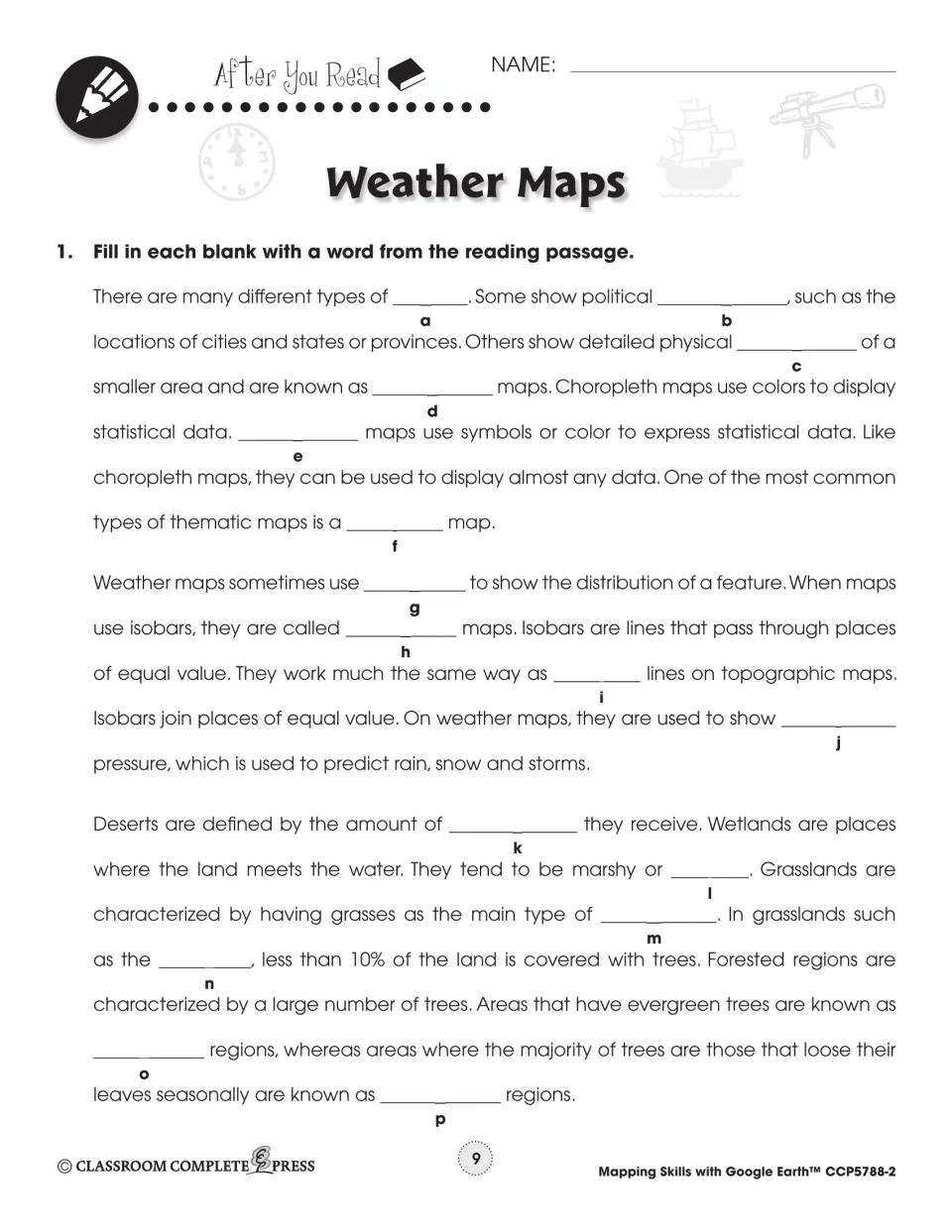 After You Read question 1: fill in blanks a–p with words from the passage on map types, isobars and environments