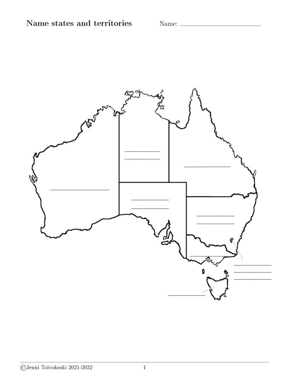 Australian states and territories: students label all eight on a blank outline map, including the ACT and Tasmania