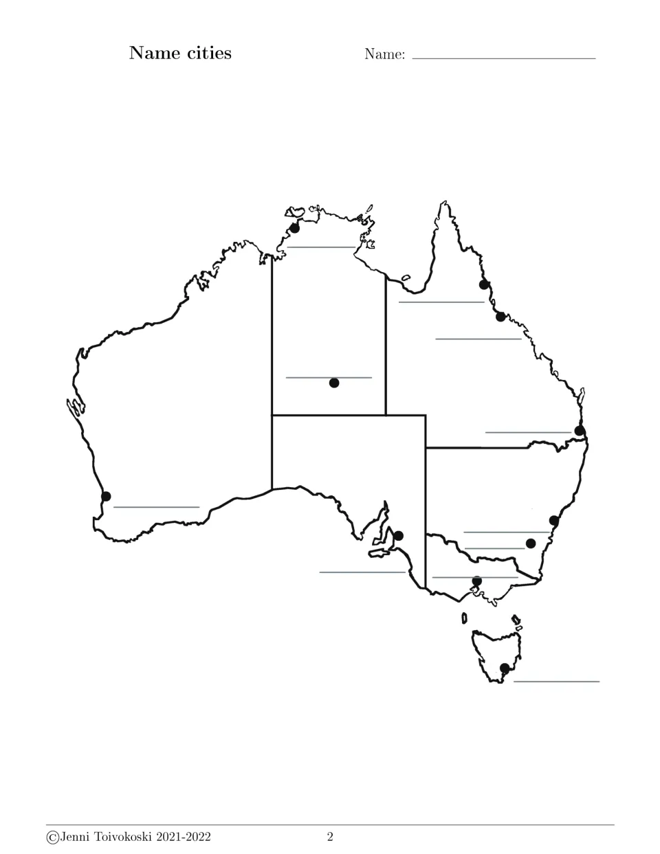 Australian cities map labeling: students write the names of 11 cities marked with dots on a blank outline of Australia