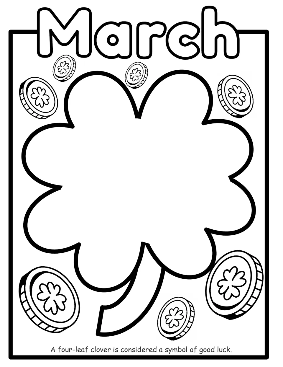 March coloring page: students color a large four-leaf clover and shamrock coins; a note says the clover means good luck
