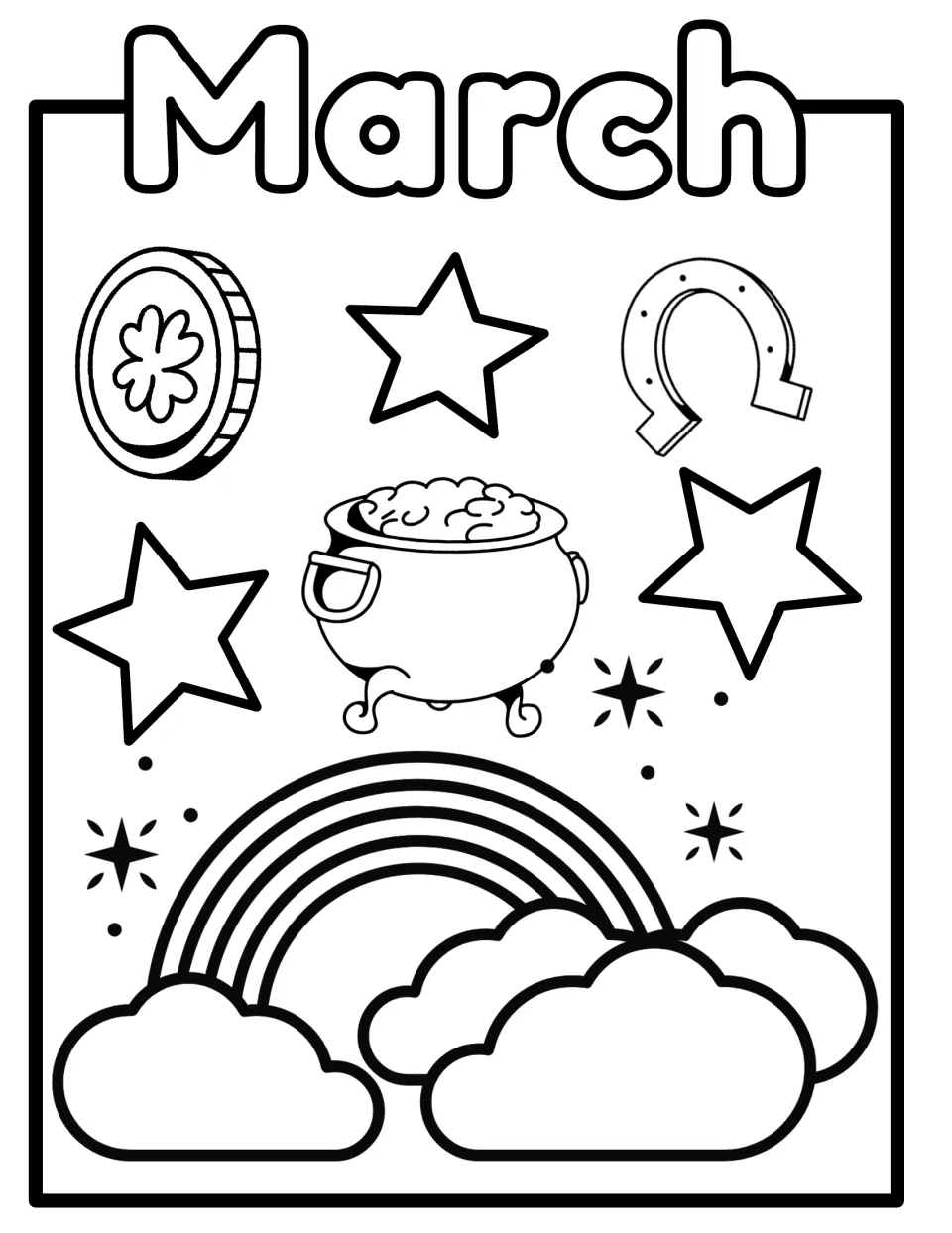 March coloring page: students color a pot of gold, shamrock coin, horseshoe, stars and a rainbow over clouds