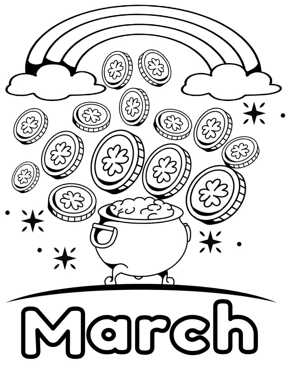 March coloring page: students color shamrock coins spilling from a pot of gold under a rainbow and two clouds