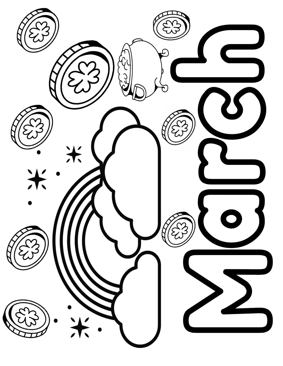 Sideways March coloring page: students color a rainbow with clouds, a pot of gold and scattered shamrock coins