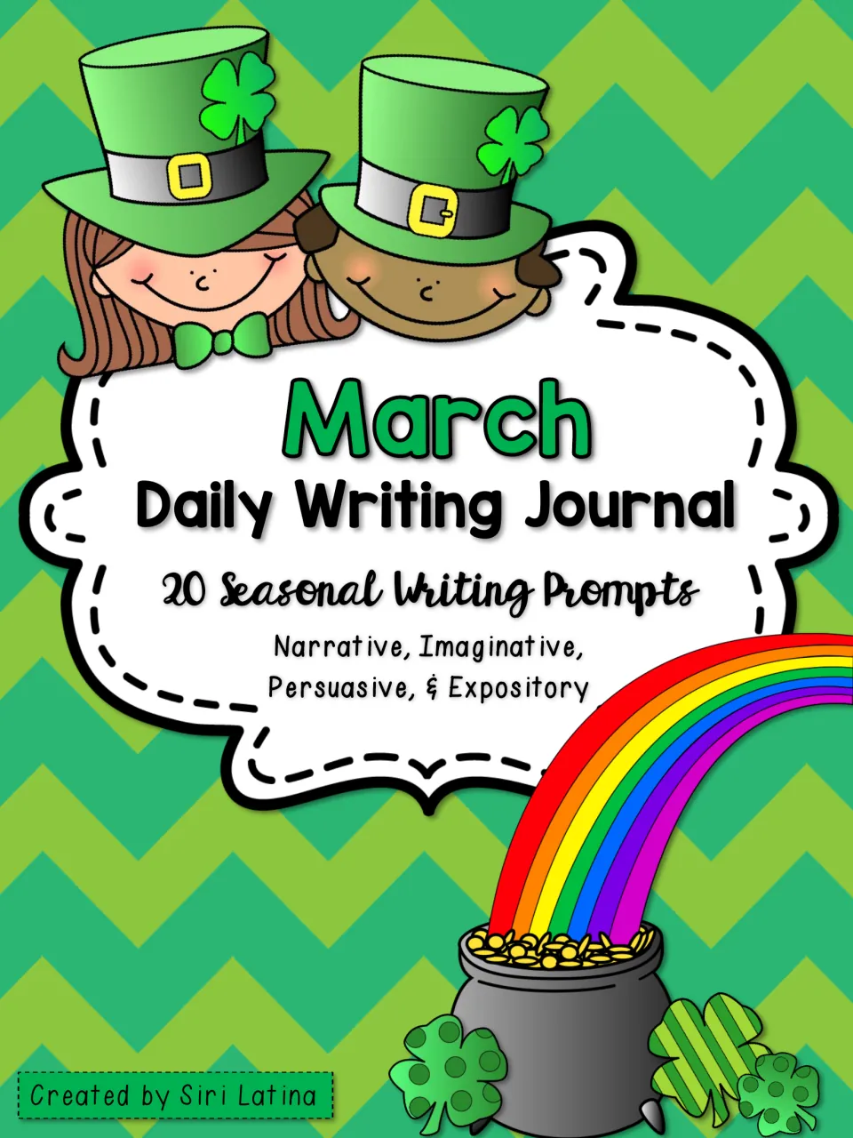 March Daily Writing Journal cover listing 20 seasonal writing prompts: narrative, imaginative, persuasive and expository