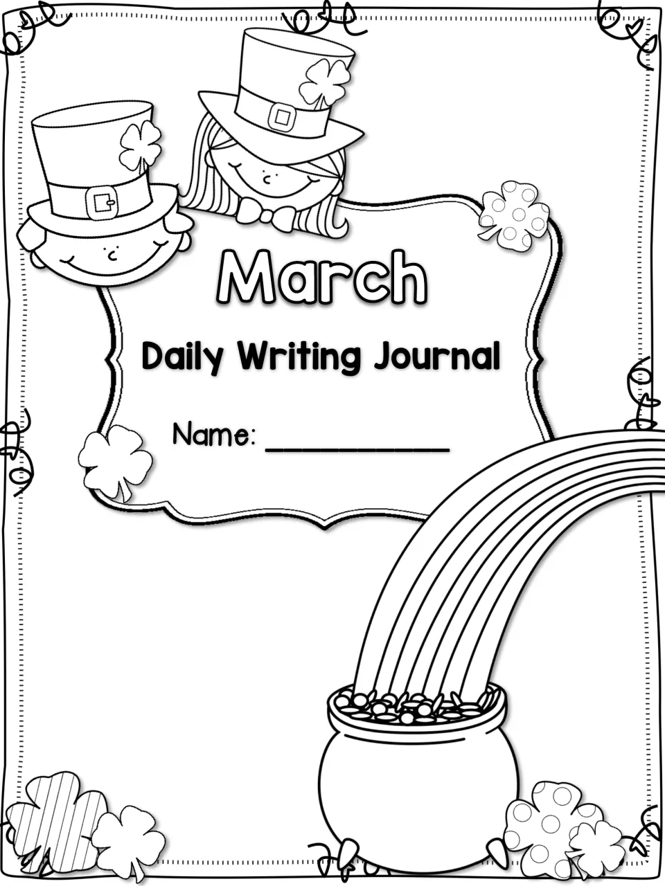 Student title page for the March journal with a name line and leprechaun, rainbow and pot of gold art for students to color