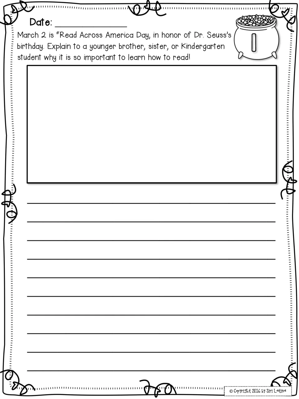 Prompt 1, Read Across America Day: students explain to a younger child why learning to read matters, then draw and write