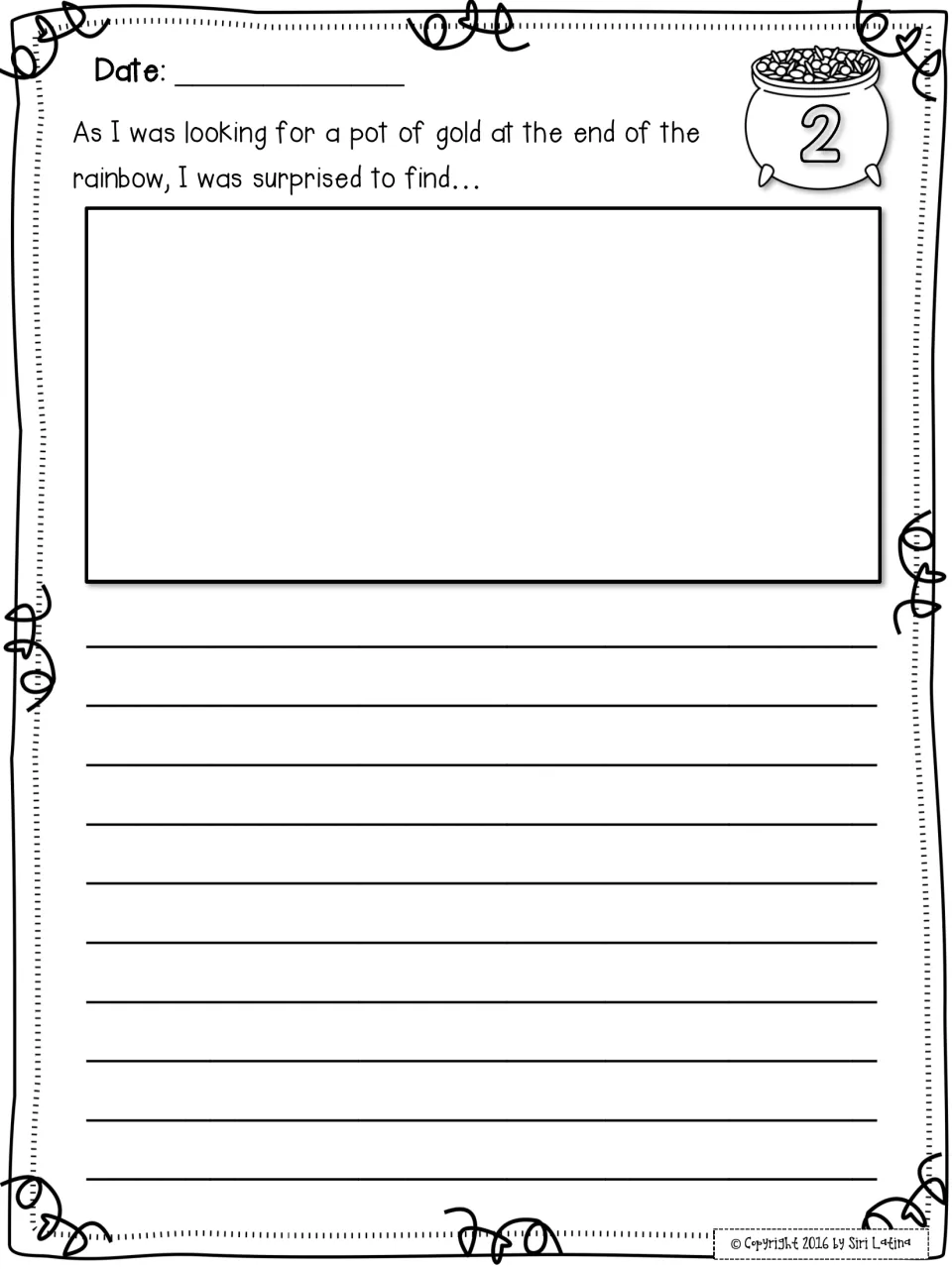 Prompt 2, end of the rainbow: students finish the story starter 'I was surprised to find...' with a drawing and narrative