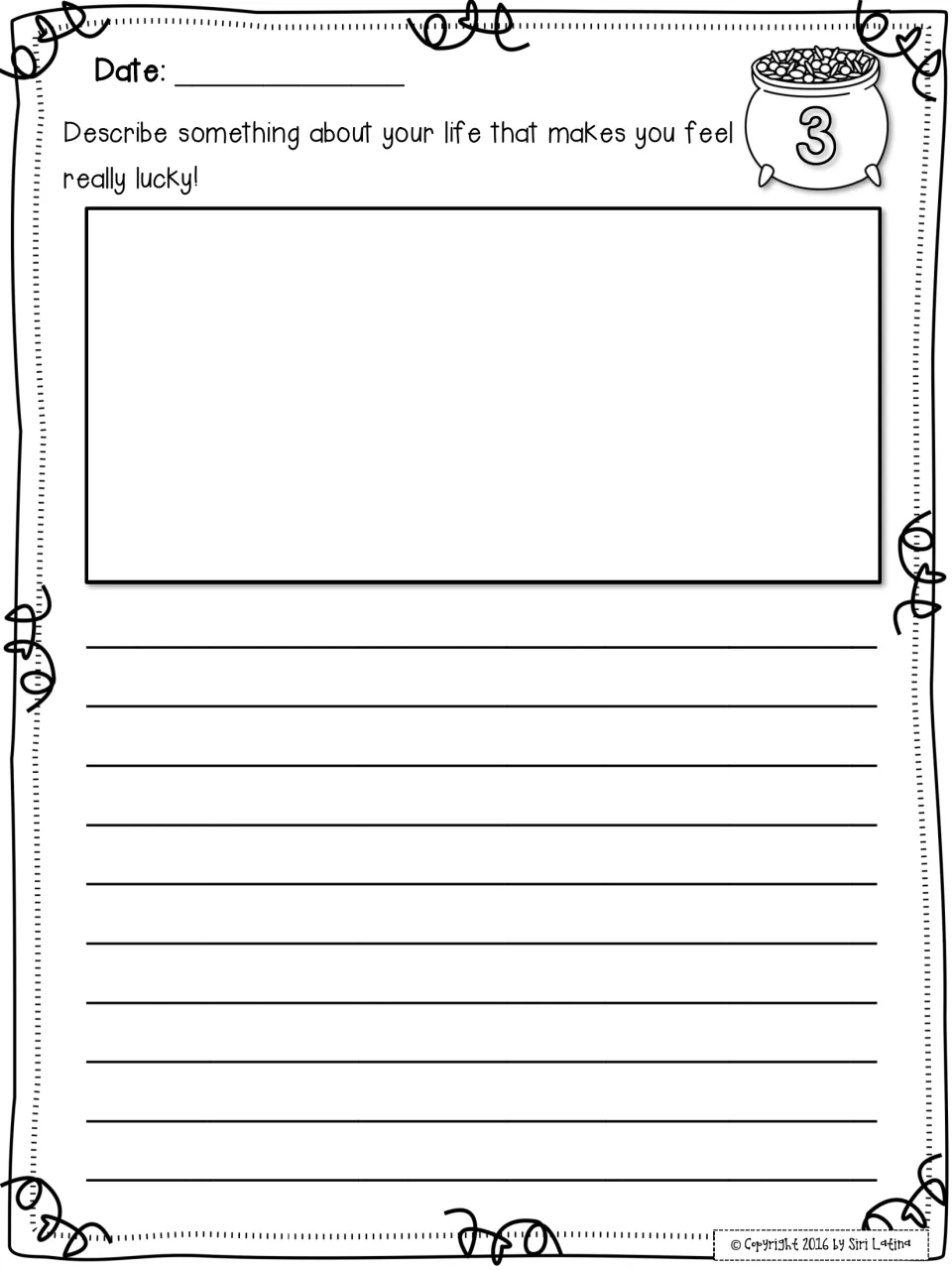 Prompt 3, feeling lucky: students describe something in their own life that makes them feel really lucky, with a picture