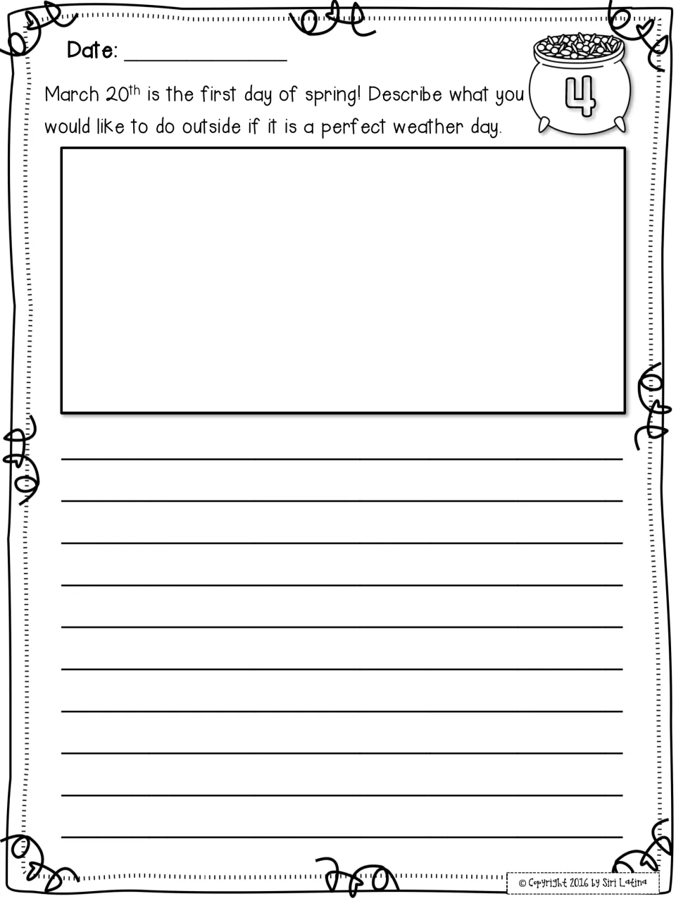 Prompt 4, first day of spring: students describe what they would do outside on a perfect weather day and illustrate it