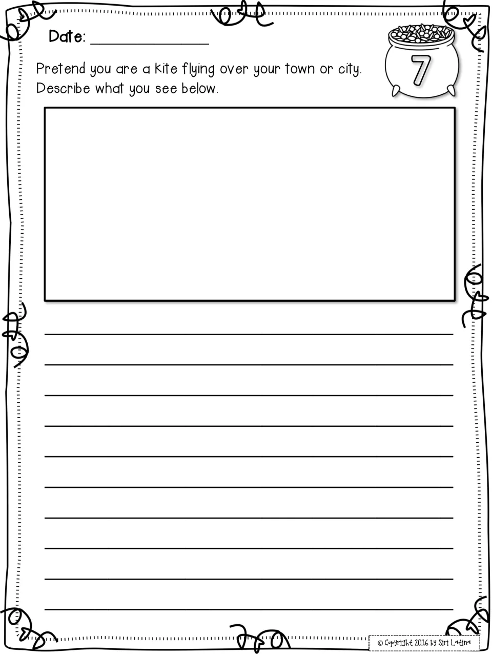 Prompt 7, kite's-eye view: students pretend to be a kite over their town or city and describe what they see below