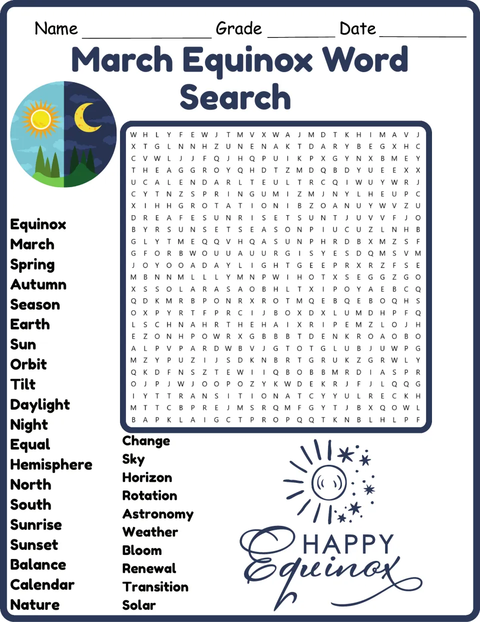 March equinox vocabulary in color: students find 30 words such as hemisphere, tilt and daylight in a letter puzzle
