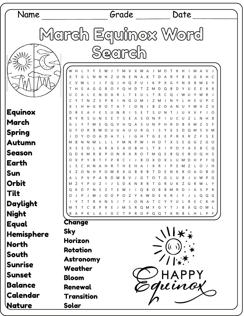 Black-and-white March Equinox Word Search: students hunt for words like orbit, rotation and solar in the same puzzle