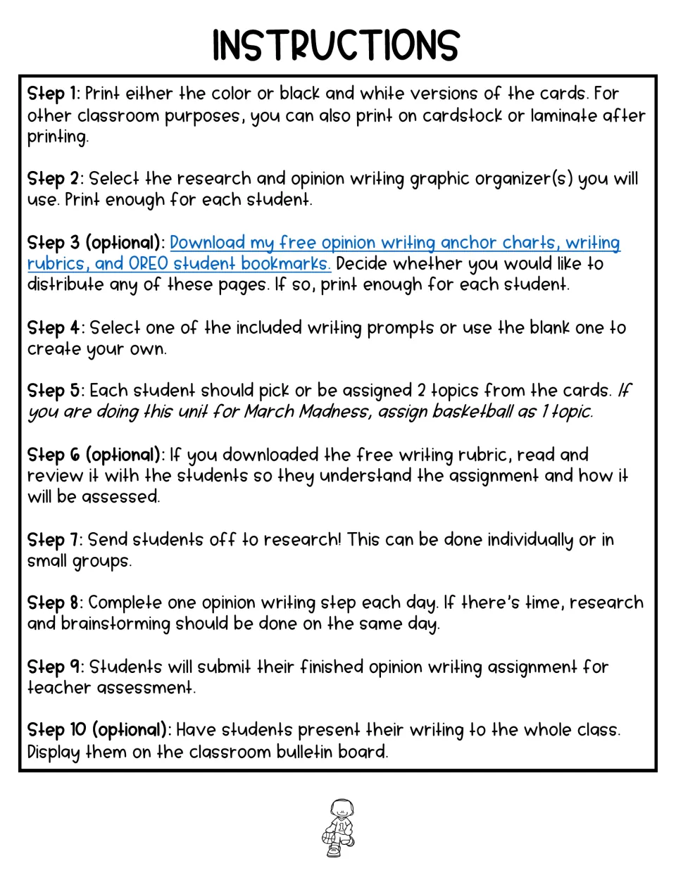 Ten instructions for preparing sports cards, assigning two topics, researching, and completing opinion writing