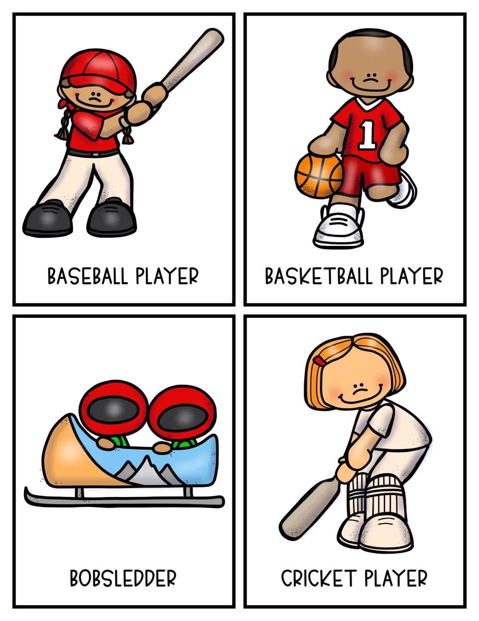Sports topic cards 1–4 show a baseball player, basketball player, bobsledder, and cricket player in color