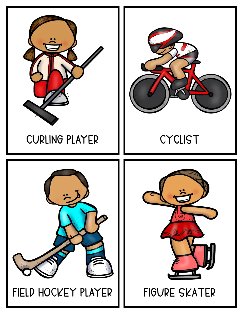 Sports topic cards 5–8 show a curling player, cyclist, field hockey player, and figure skater in color