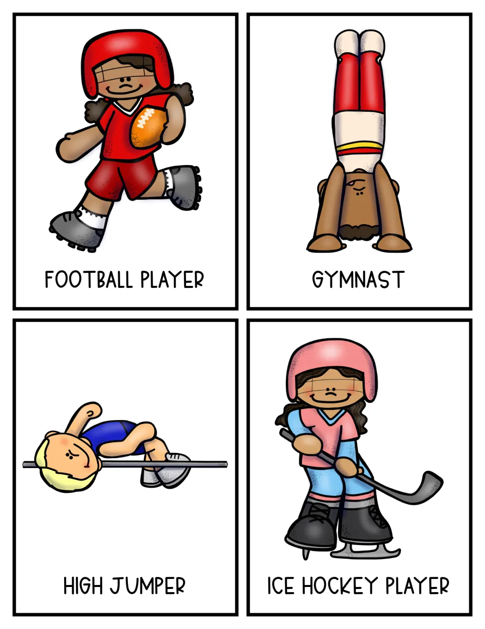 Sports topic cards 9–12 show a football player, gymnast, high jumper, and ice hockey player in color