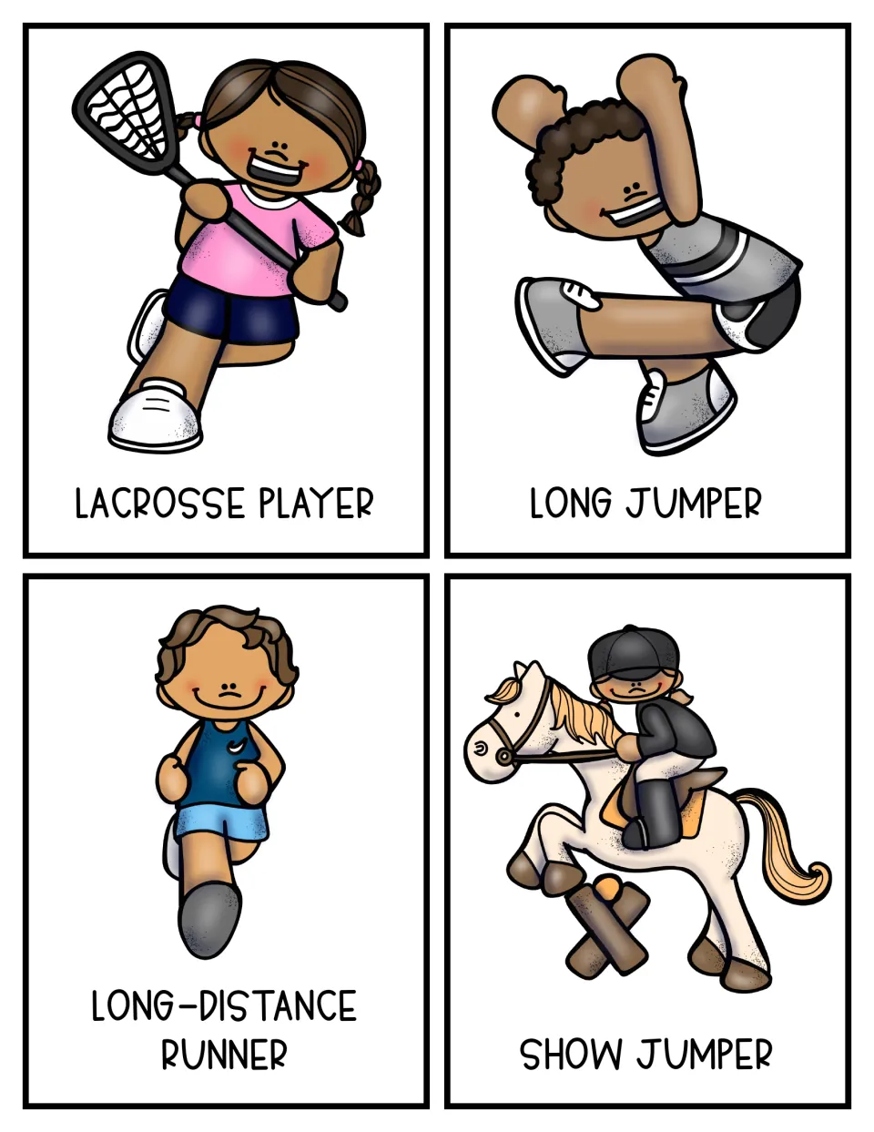 Sports topic cards 13–16 show a lacrosse player, long jumper, long-distance runner, and show jumper