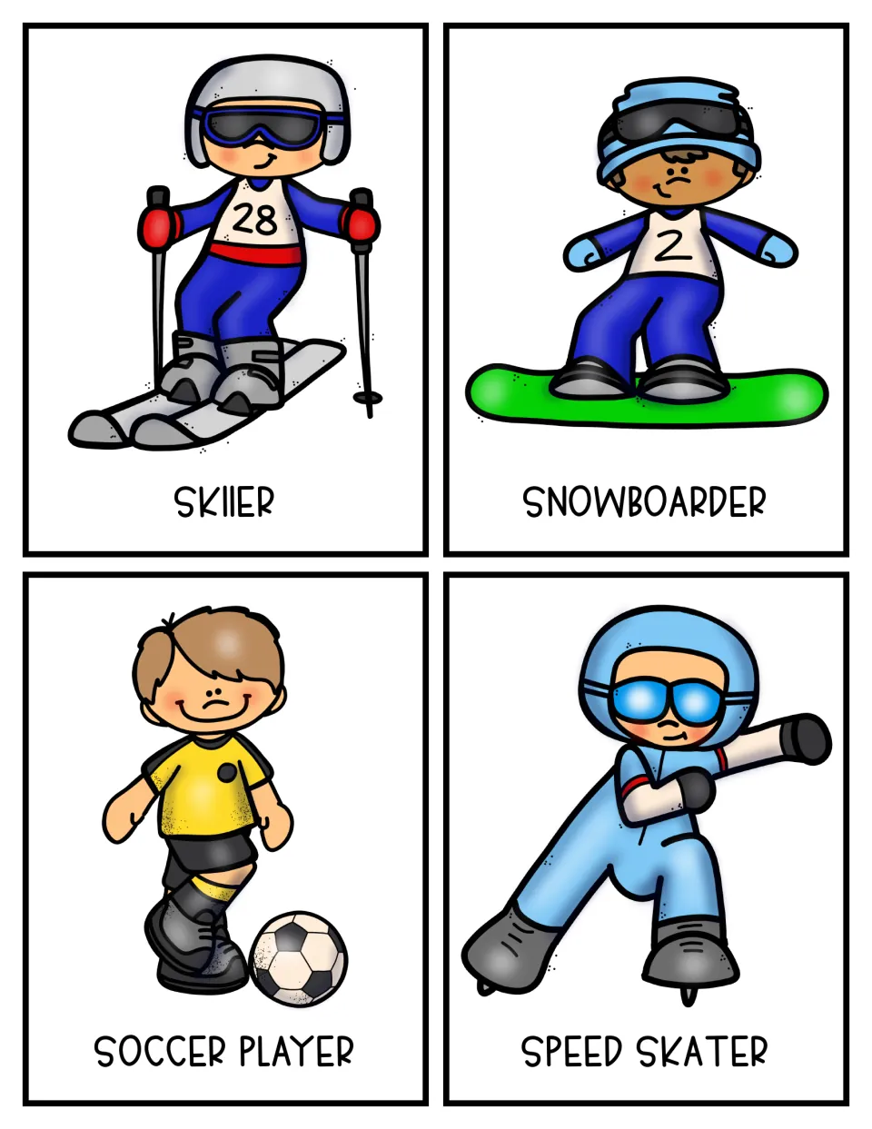 Sports topic cards 17–20 show a skier, snowboarder, soccer player, and speed skater in color for topic selection
