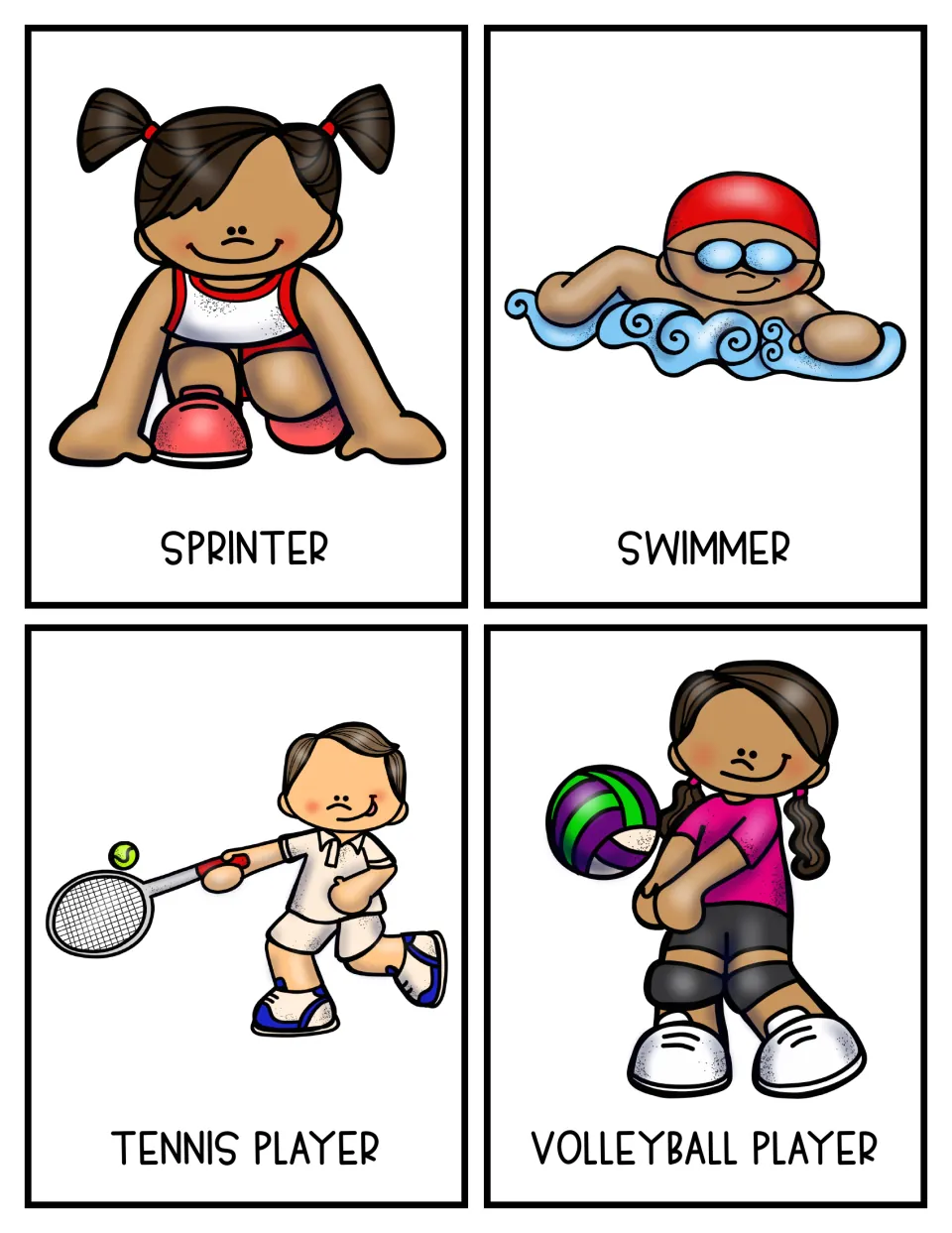 Sports topic cards 21–24 show a sprinter, swimmer, tennis player, and volleyball player in color