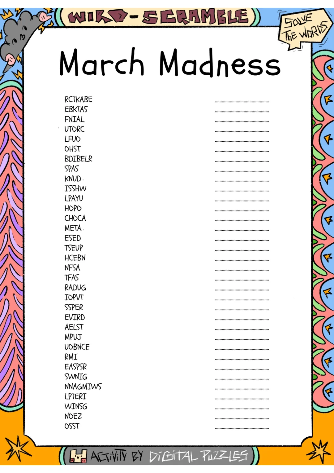 March Madness word Scramble puzzle worksheet – cover
