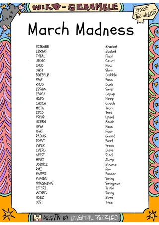 March Madness word Scramble puzzle worksheet – sample page 2