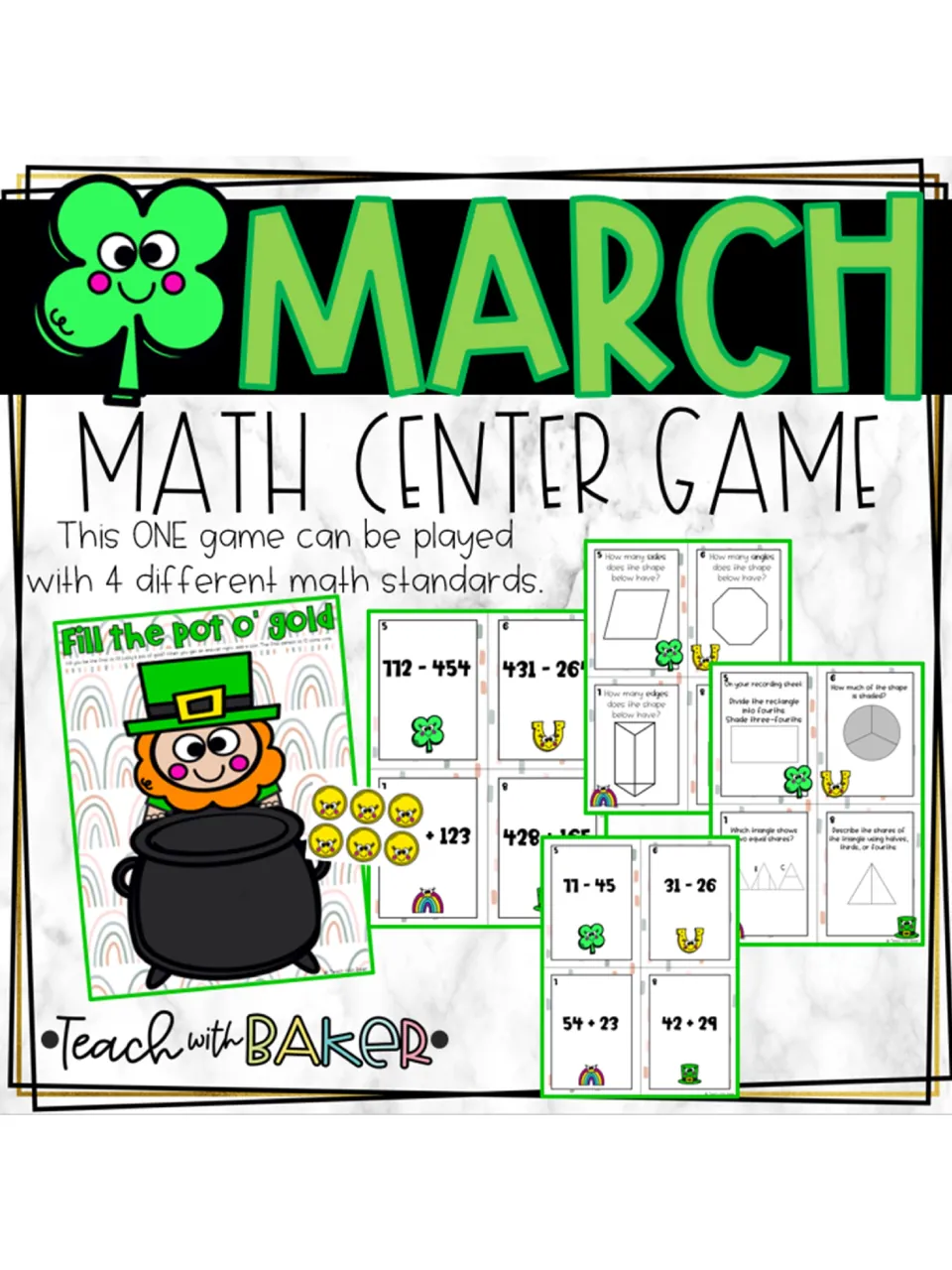 March Math Center cover showing the pot-of-gold game and sample arithmetic, shape, and fraction cards