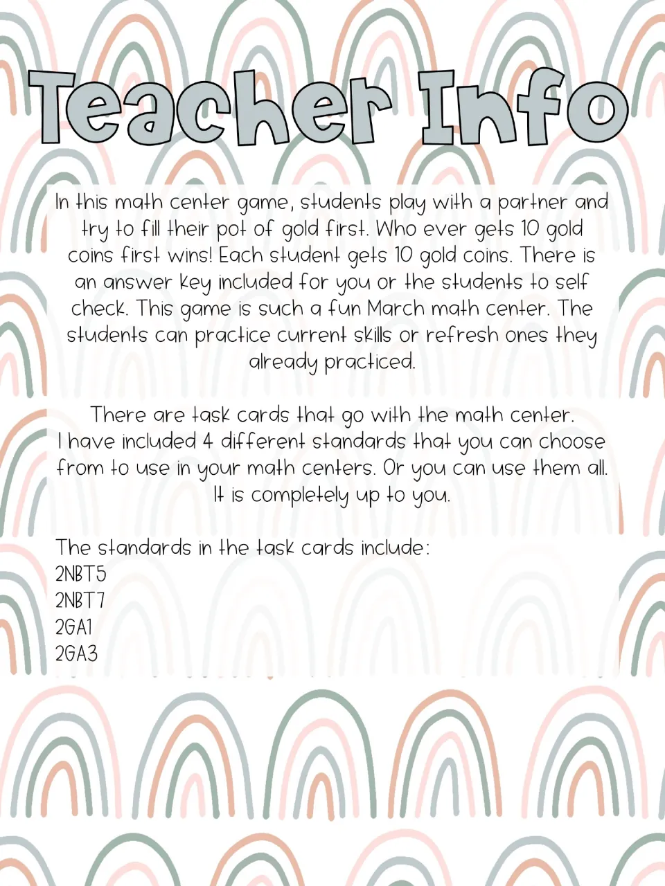 Teacher directions for partner play: collect 10 coins to win and choose task cards from four math standards