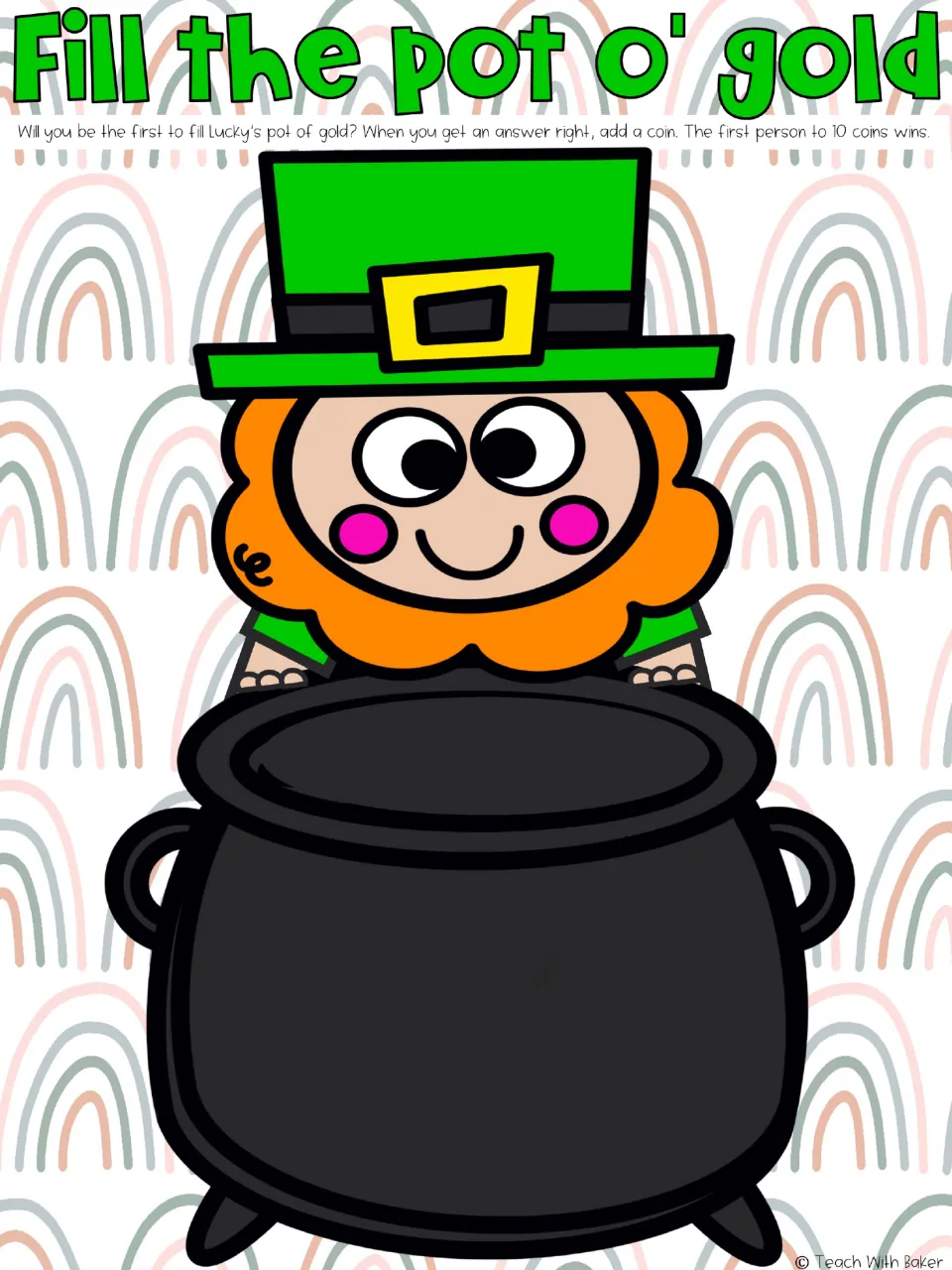 Pot-of-gold game mat with a rainbow background; add a coin for each correct answer and reach 10 to win