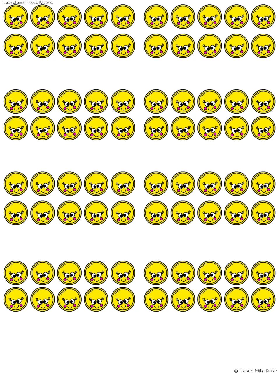 Color coin sheet for the pot-of-gold partner game, containing 80 yellow coins; each student needs 10