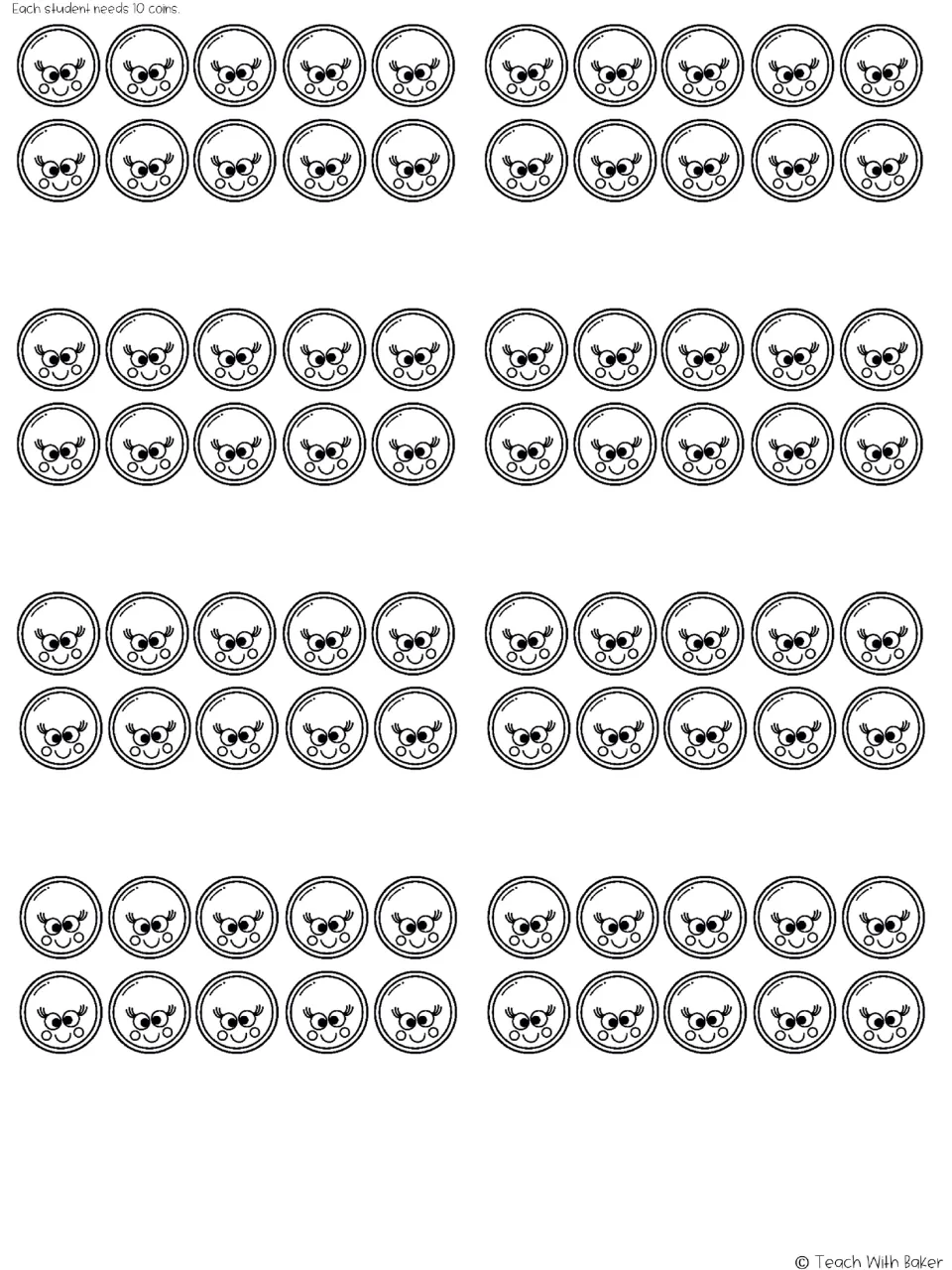 Black-and-white coin sheet for the pot-of-gold partner game, containing 80 coins; each student needs 10