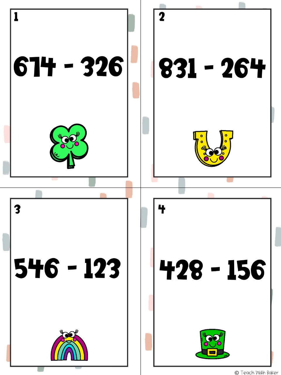 Game task cards 1–4 practice three-digit subtraction: 674 − 326, 831 − 264, 546 − 123, and 428 − 156