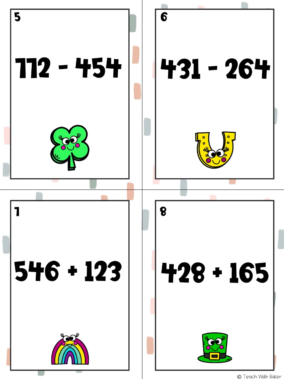 Game task cards 5–8 mix subtraction and addition: 772 − 454, 431 − 264, 546 + 123, and 428 + 165