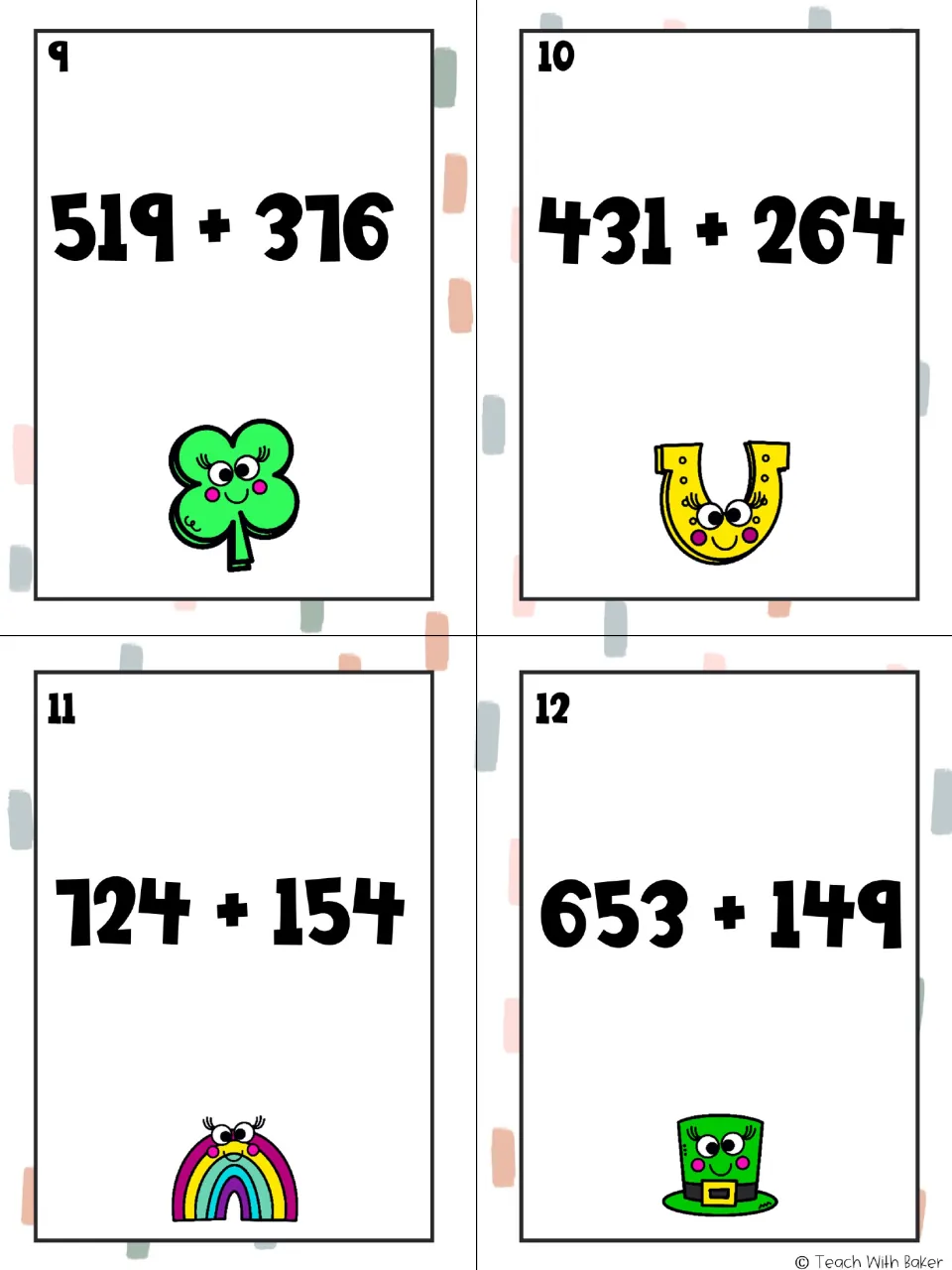 Game task cards 9–12 practice three-digit addition: 519 + 376, 431 + 264, 724 + 154, and 653 + 149