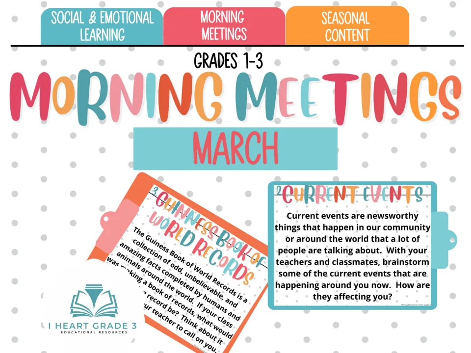 March Morning Meetings cover for grades 1–3, featuring current events and world records sample prompts