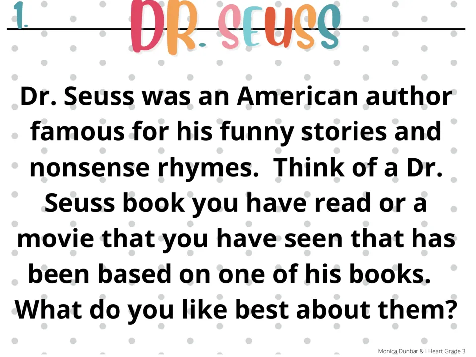 Morning meeting activity 1: recall a Dr. Seuss book or movie based on his books and share what you like best