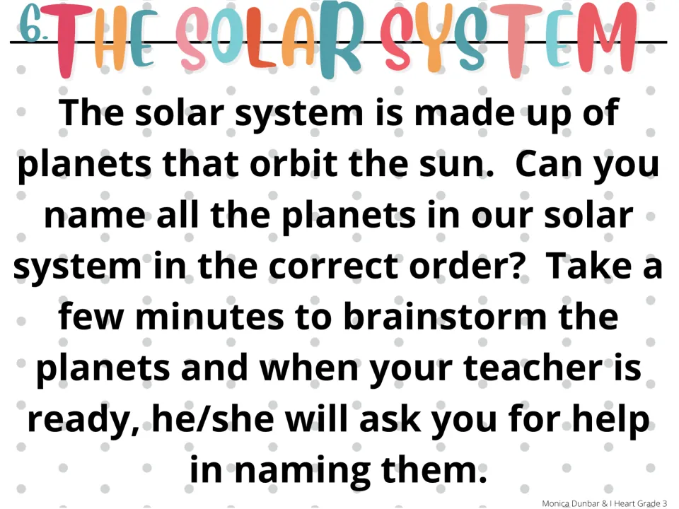 Morning meeting activity 6: brainstorm the planets in order before helping the teacher name them aloud