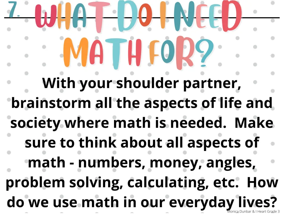 Morning meeting activity 7: brainstorm everyday uses of math with a shoulder partner, including money and angles