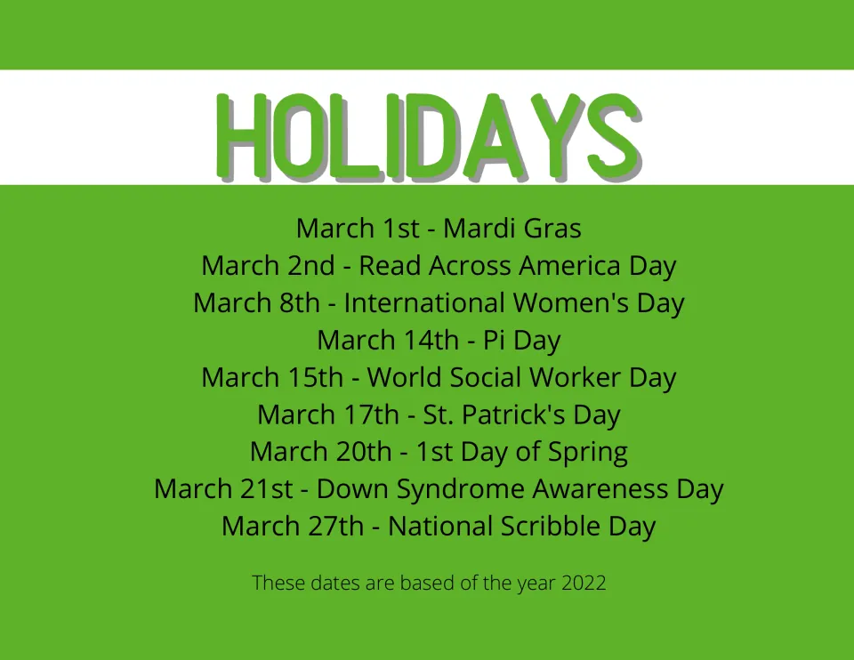 March calendar holiday reference listing nine dates for 2022, including Mardi Gras, Pi Day, and St. Patrick's Day