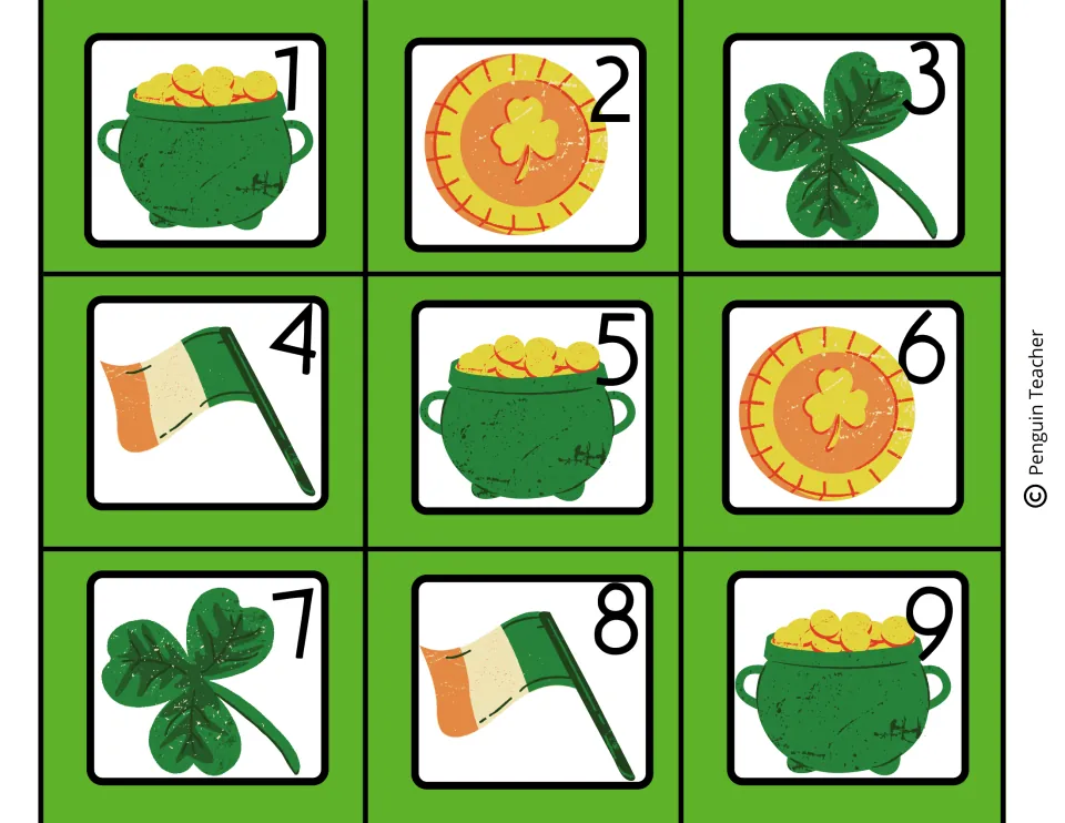 March calendar number cards 1–9, repeating pots of gold, gold coins, shamrocks, and Irish flags in order