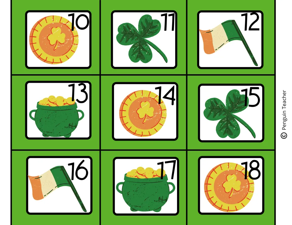 March calendar number cards 10–18, continuing the gold coin, shamrock, Irish flag, and pot of gold pattern