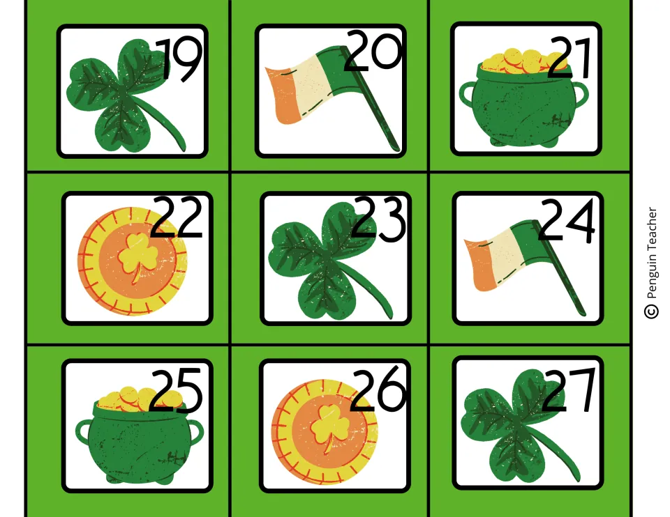 March calendar number cards 19–27, continuing the shamrock, Irish flag, pot of gold, and gold coin pattern