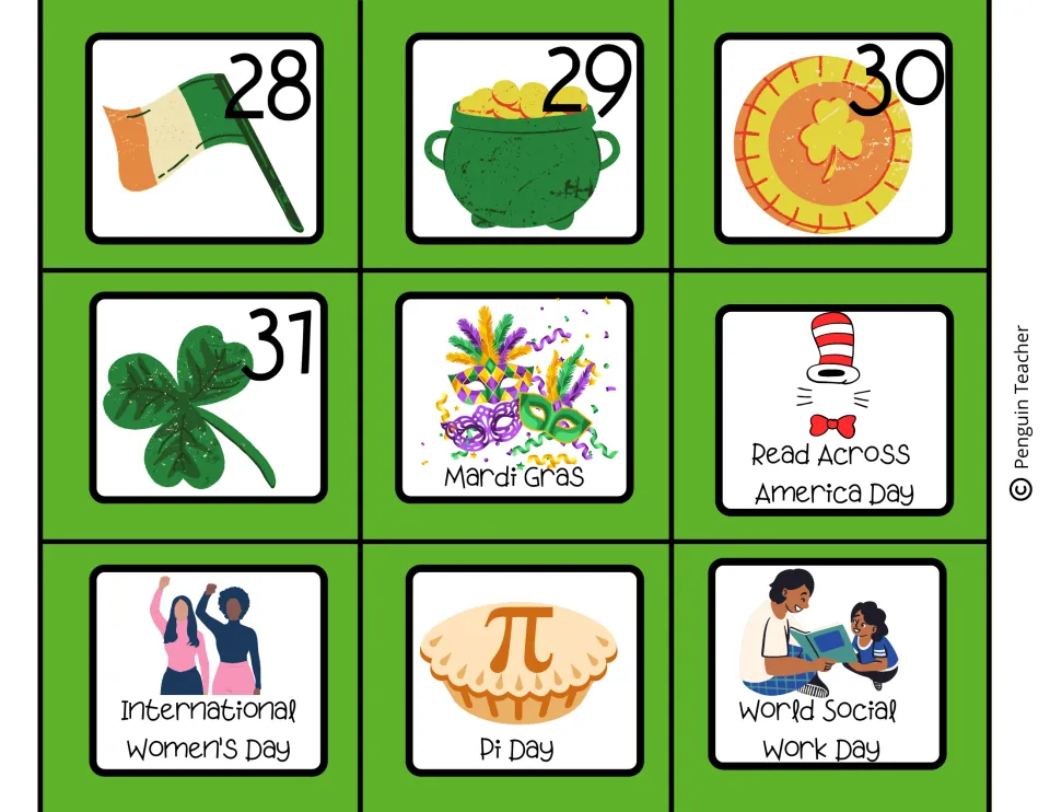 March calendar cards 28–31 plus Mardi Gras, Read Across America Day, International Women's Day, and two more