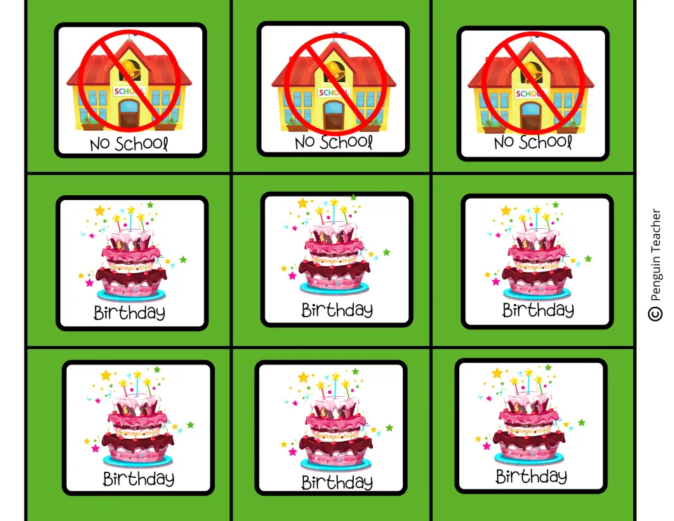 March calendar event cards: three No School cards showing school symbols and six Birthday cards showing cakes