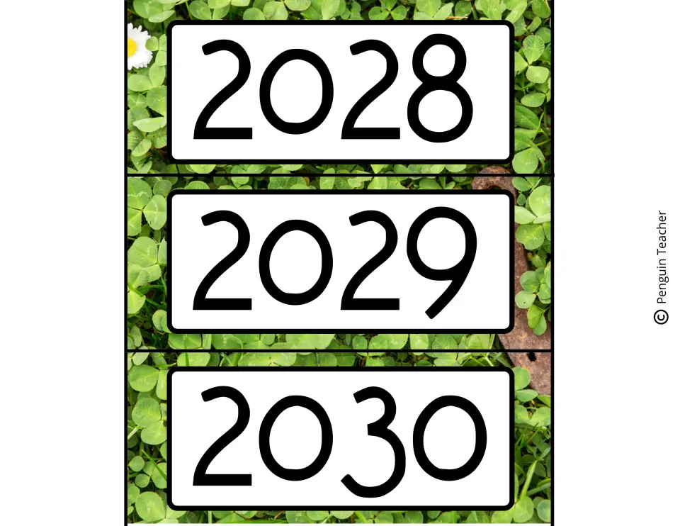 March calendar year cards labeled 2028, 2029, and 2030, the final three years in the set's 2022–2030 range