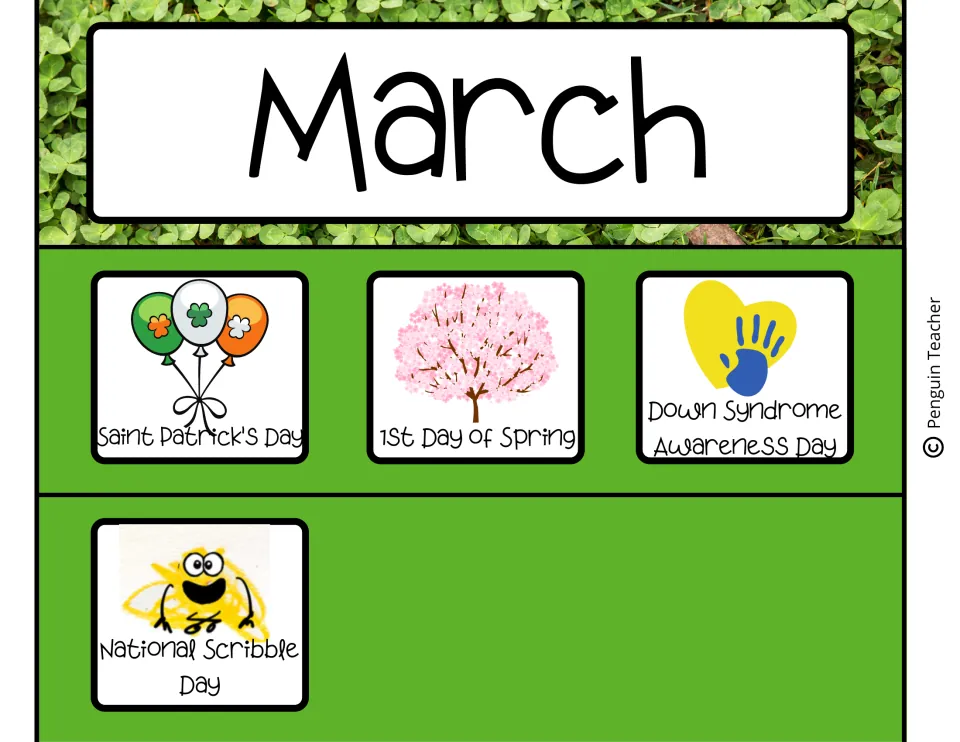 March calendar label and cards for Saint Patrick's Day, 1st Day of Spring, and two more March observances