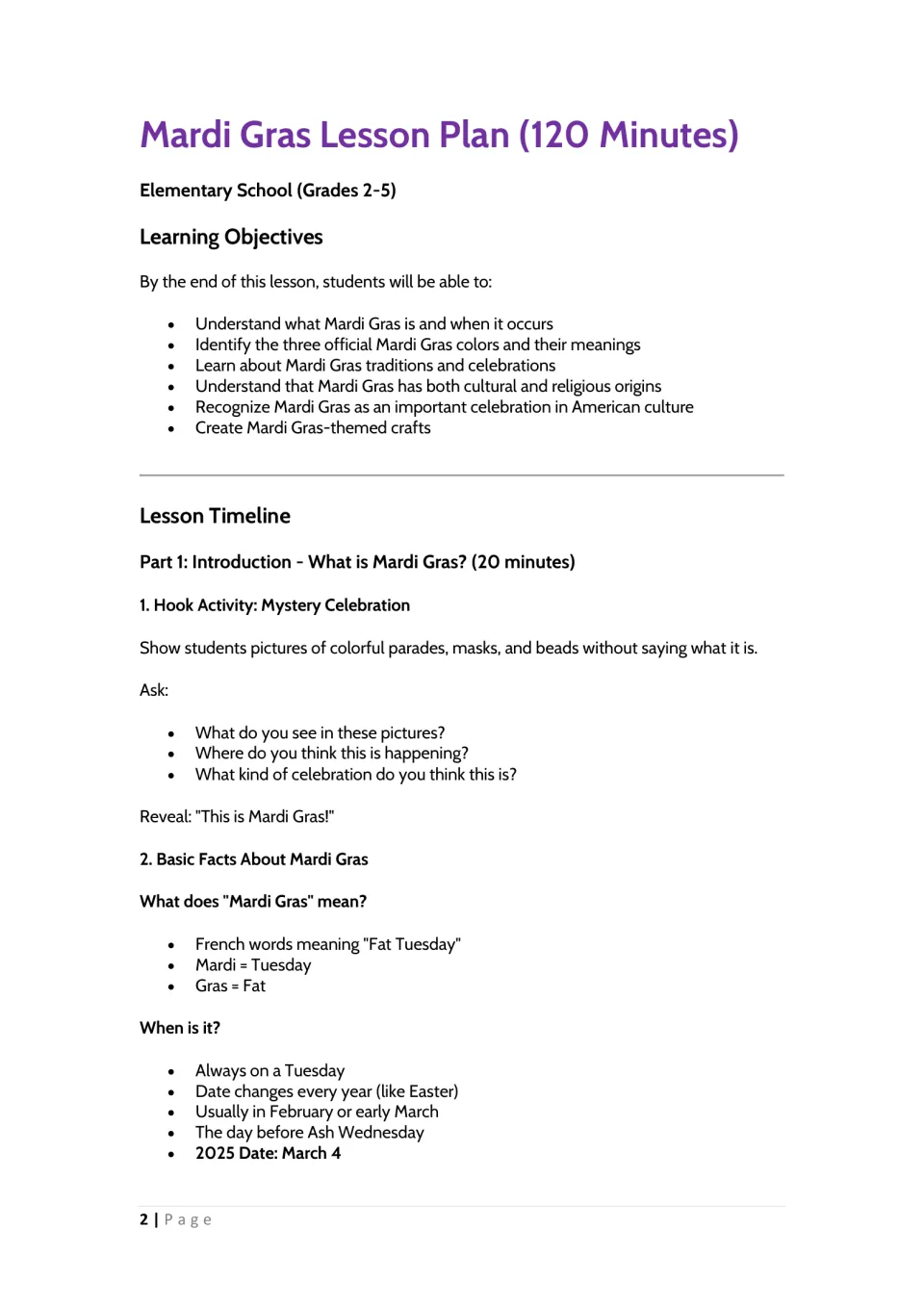 Mardi Gras 120-minute plan: learning objectives, a Mystery Celebration hook and basic facts on Fat Tuesday and its date