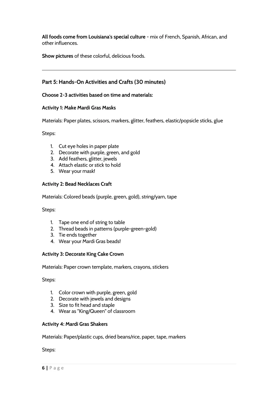 Part 5 hands-on crafts: materials and steps for paper plate masks, bead necklaces, a King Cake crown and cup shakers