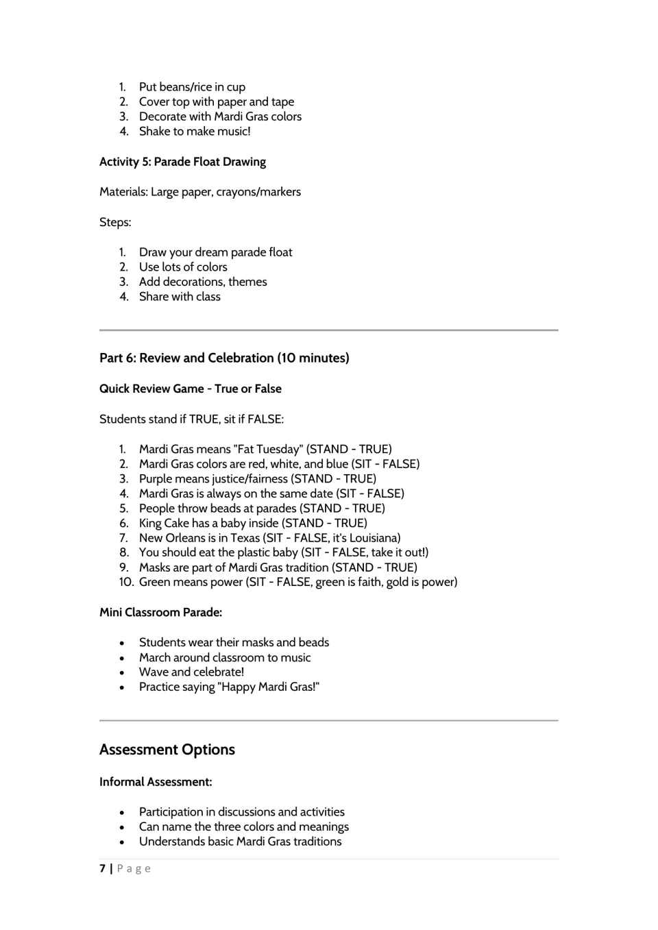 Parade float drawing steps, a stand-or-sit true/false review game with 10 statements, mini parade and informal assessment