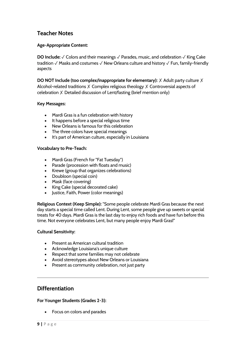 Teacher notes on what to include or avoid, key messages, pre-teach vocabulary like krewe and doubloon, cultural sensitivity