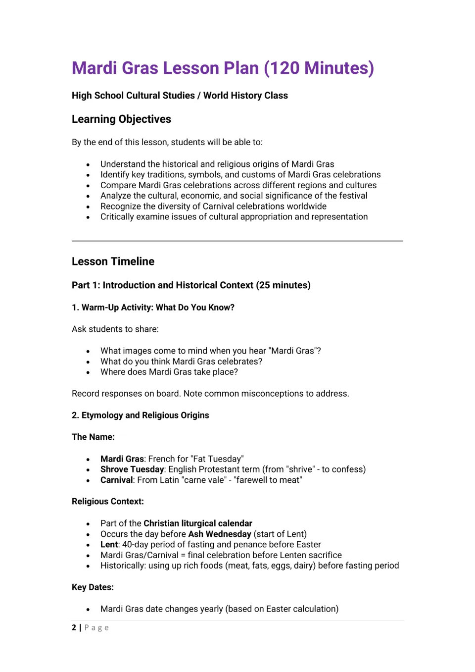 Lesson opening: learning objectives, warm-up questions, and the religious origins of Mardi Gras and Lent